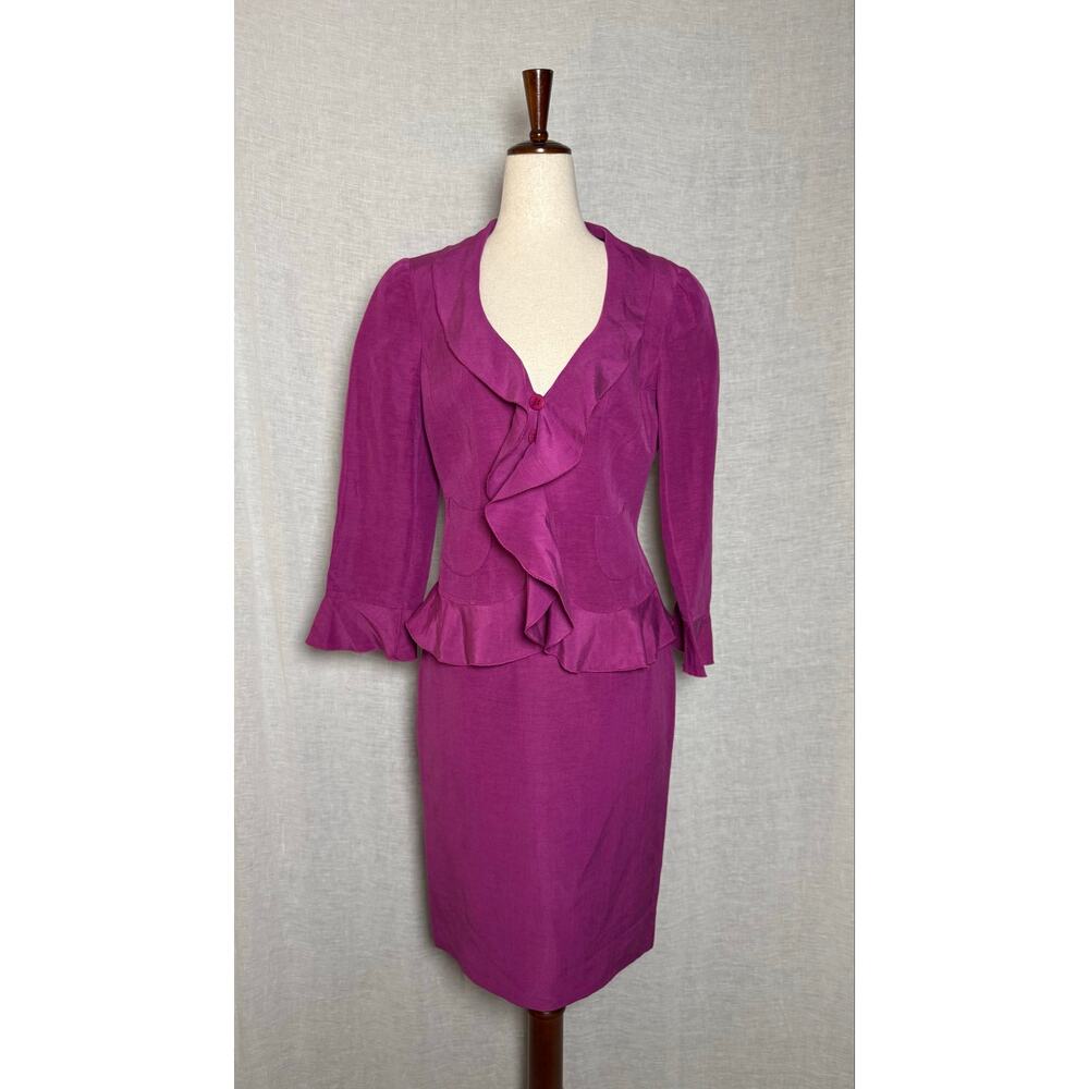 VTG Armani Collezioni Silk Linen Ruffle Skirt Suit Fuschia Pink Peplum 
Size 4